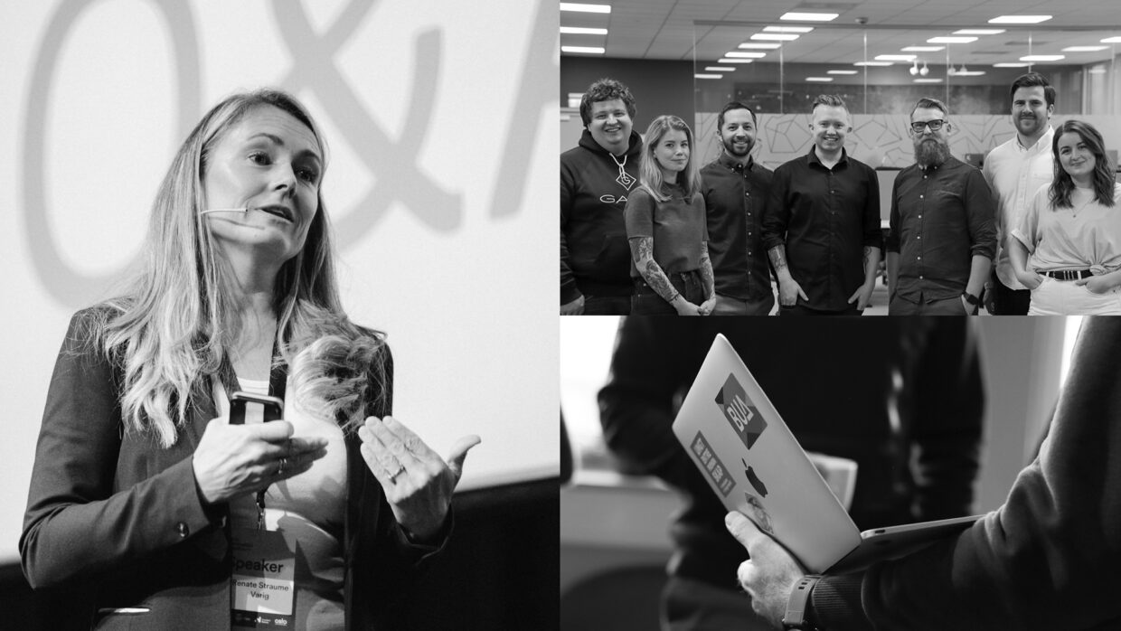 To the left: Renate Straume speaking to an audience. To the top right: Some of the people working at Norse. Bottom right: Person holding a MacBook with stickers.